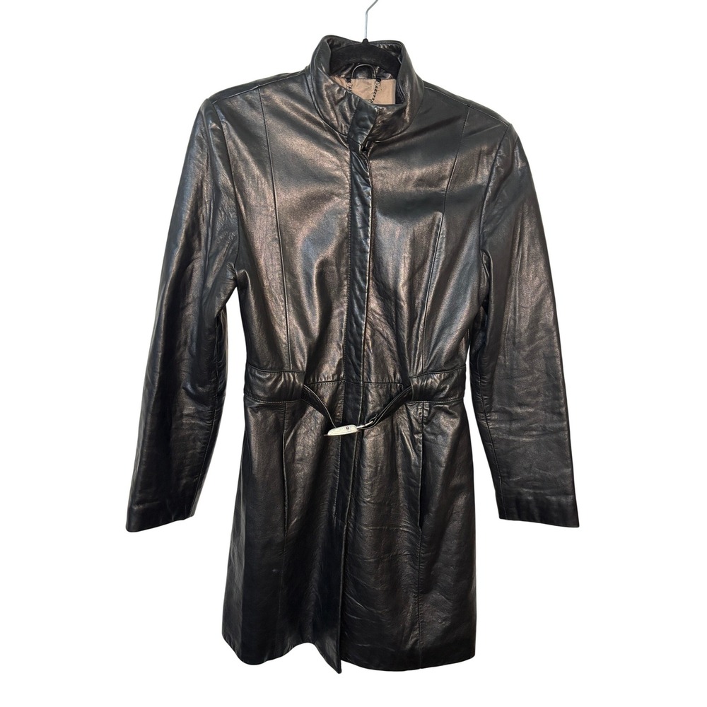Y2K Danier Canada Black Leather Belted Trench Coat Womens Jacket Mock Neck
